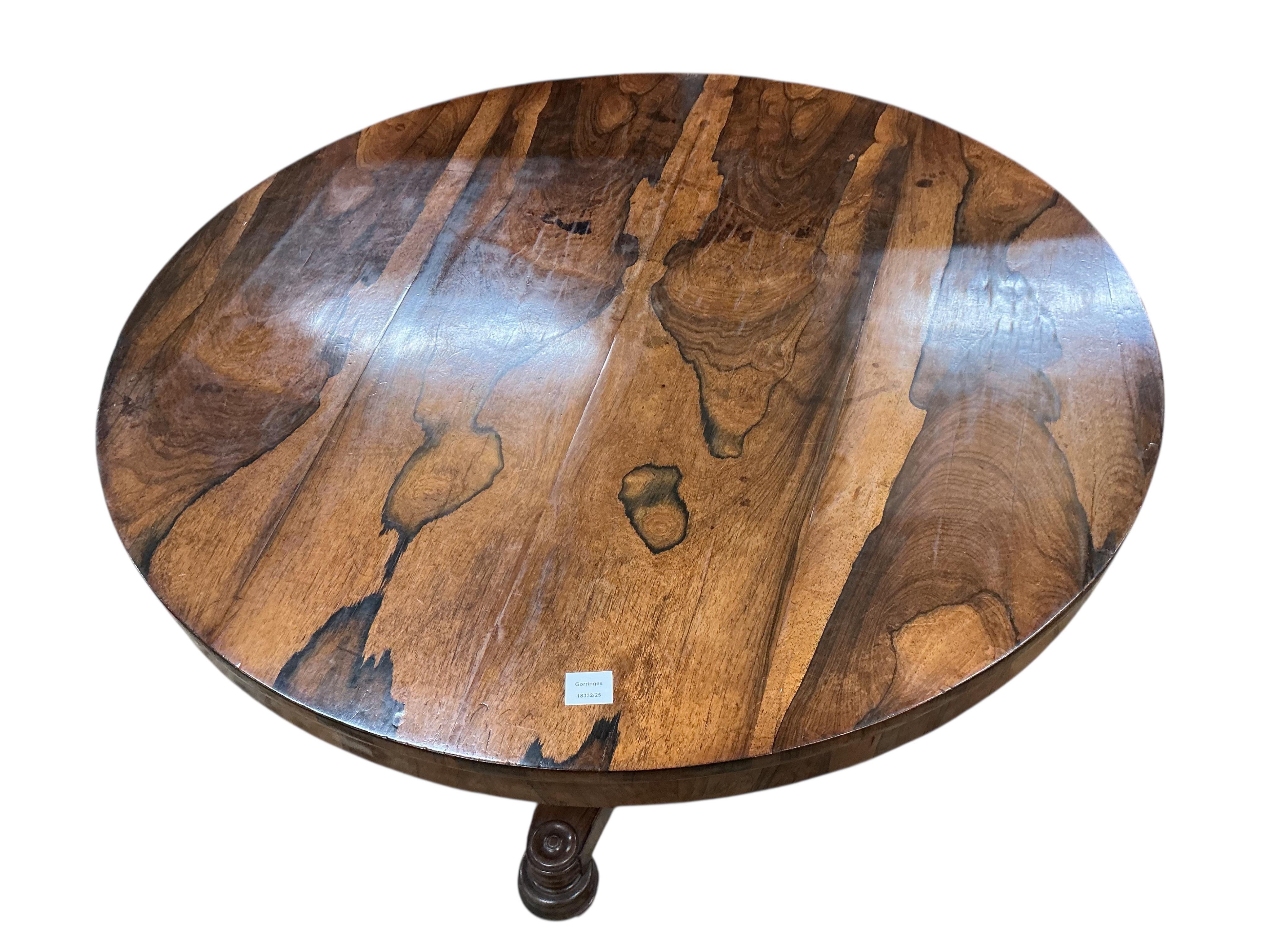 A William IV circular rosewood tilt top breakfast table, diameter 120cm, height 72cm